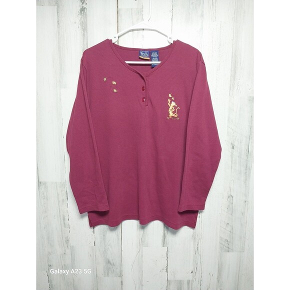 Pooh Womens Maroon T Shirt Henley Embroidered Tiger V Neck Long Sleeve 14W/16W - Picture 1 of 5